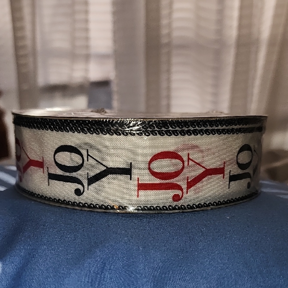Holiday 'Joy' Ribbon Trim - Red, Black on Cream